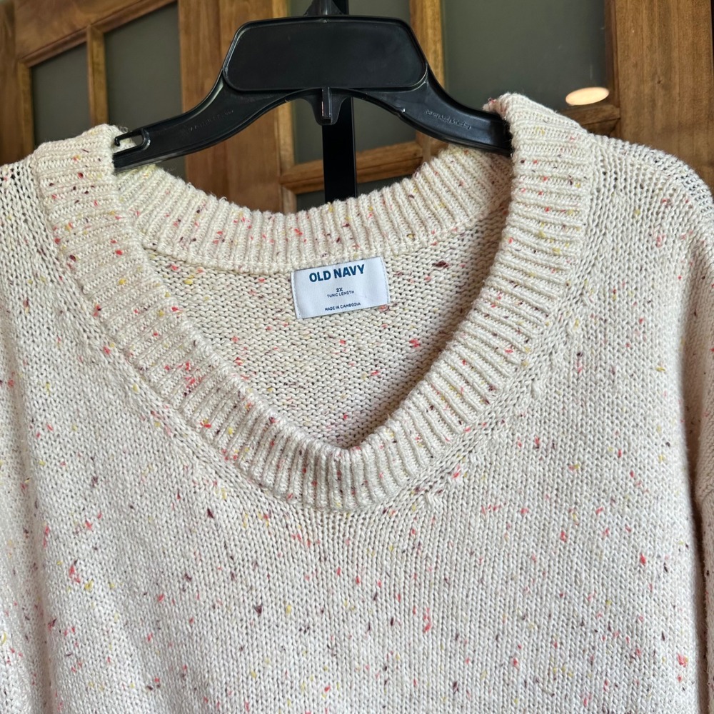 Old Navy Sweater Women 2X Cream Confetti Speckled V-Neck Oversized Tunic Knit‎ - Picture 6 of 9